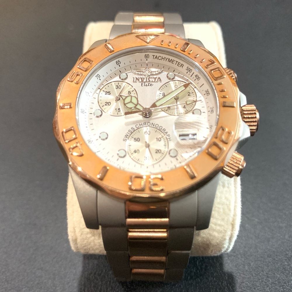 Invicta Swiss Elite Chronograph Stainless Steel/Rose Gold tone bracelet Rare HTF